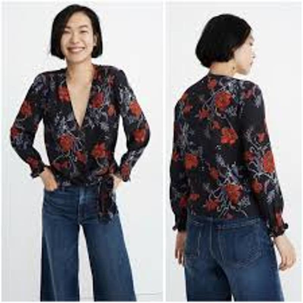 Madewell Silk Smocked Sleeve Wrap Top in Blue